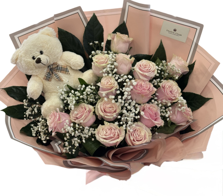 Buchete trandafiri - Buchet 15 trandafiri roz și ursuleț de pluș