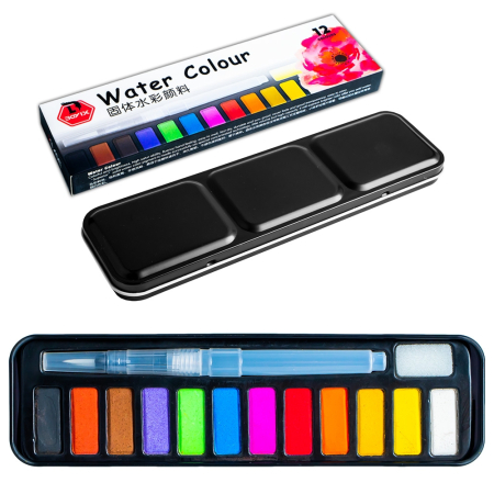 Acuarele - Acuarele 12 culori, cutie metal, pensula cu rezervor apa