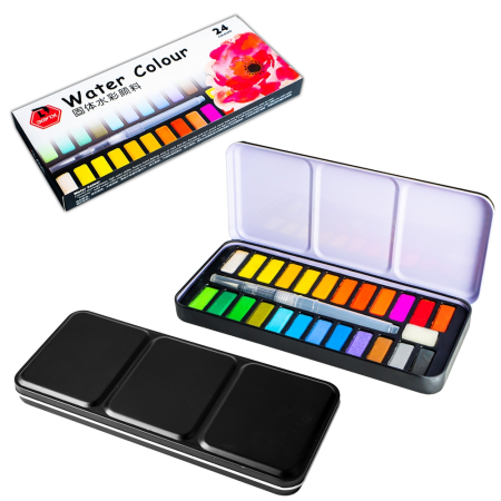 Acuarele - Acuarele 24 culori, cutie metal, pensula cu rezervor apa