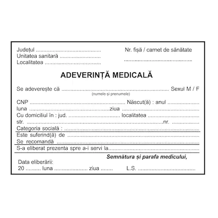 Registre & Formulare - Adeverinta medicala A6