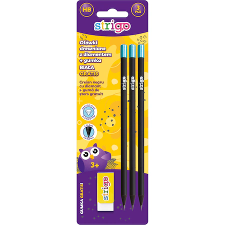 Creioane grafit - Blister Creioane Strigo HB Diamant X3 cu guma de sters