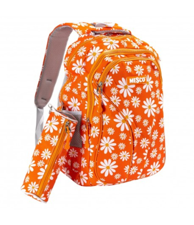 Ghiozdane - Ghiozdan scoala Mesco, Flori, 4 compartimente si penar, Portocaliu, 44 x 32 x 16 cm