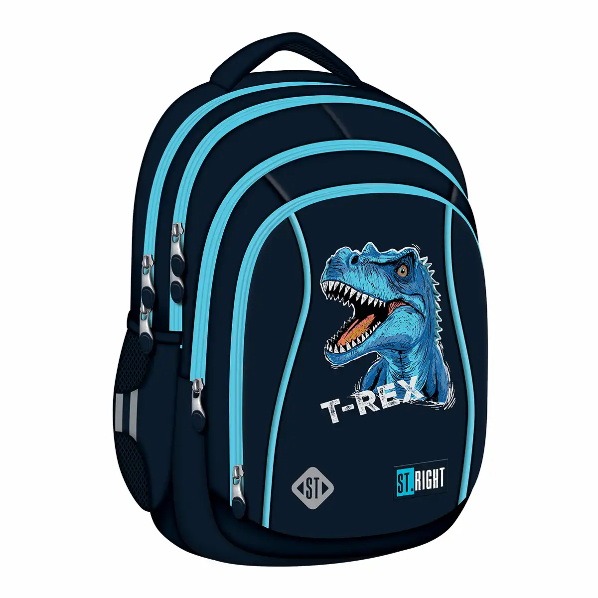 Ghiozdane - Ghiozdan scolar Majewski ST Right, Blue T-Rex, 4 compartimente, 43x32 cm