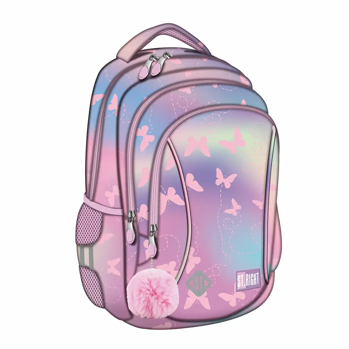 Rechizite Școlare - Ghiozdan scolar Majewski ST Right, Pink Butterflies, 3 compartimente, 39x27x17 cm