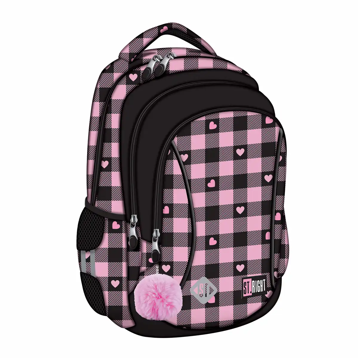 Rechizite Școlare - Ghiozdan scolar Majewski ST Right, Pink Checkered, 3 compartimente, 39x27x17 cm