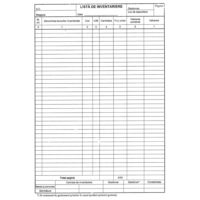 Registre & Formulare - Lista inventar, 7 coloane, A4 vertical