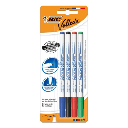 Markere whiteboard - Marker tabla Bic Velleda 1721, varf rotund, 1.5mm, set 4 culori (verde, negru, albastru, rosu)