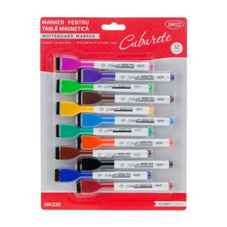 Markere whiteboard - Marker tabla magnetica set 12 cu burete