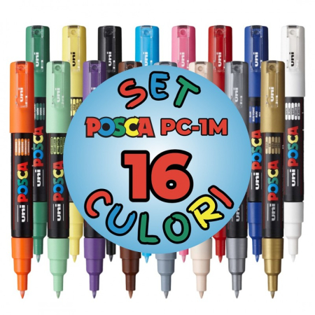 Markere Posca - Marker UNI Posca PC-1M, varf rotund, 0.7mm, set 16 culori