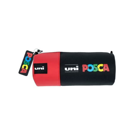 Penare - Penar echipat UNI Posca, cilindric, 1 fermoar, negru cu rosu, 16 markere (6x5M, 6x3M, 4x1M)