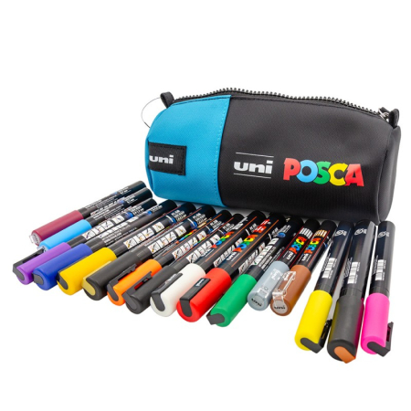 Penare - Penar echipat UNI Posca, cilindric, 1 fermoar, negru cu turcoaz, 16 markere (6x5M, 6x3M, 4x1M)