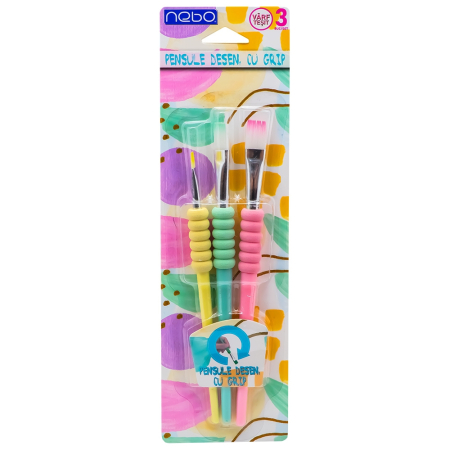 Pensule - Pensule desen, cu grip, culori pastel, varf tesit, 3 buc/set - NEBO