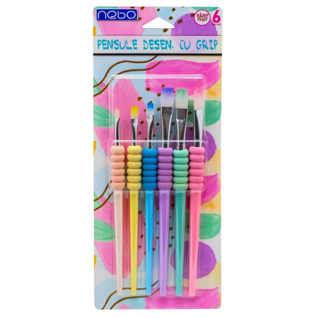 Pensule - Pensule desen, cu grip, culori pastel, varf tesit, 6 buc/set - NEBO
