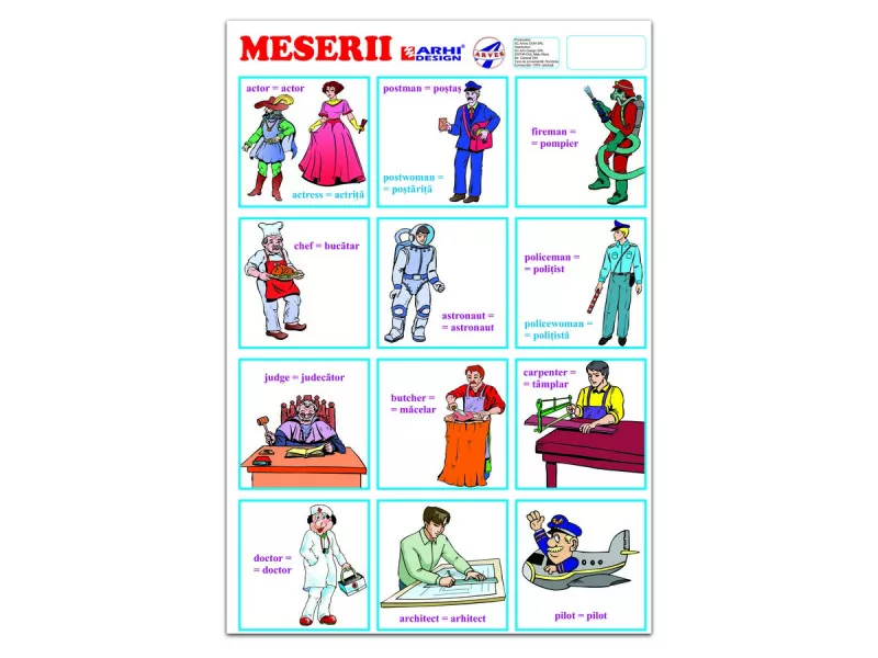 Planse școlare - Plansa Meserii A4, Limba Romana/Engleza