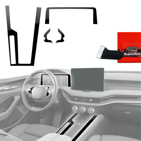 Folie interior - Folie de protecție 4în1 pentru consola centrală și bord - Skoda Superb 4 (2024-2026) Negru lucios