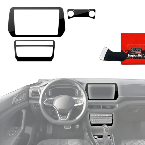 Folie interior - Folie de protecție 4în1 pentru consola centrală și bord - Volkswagen T-Cross (2025-2026) Negru lucios