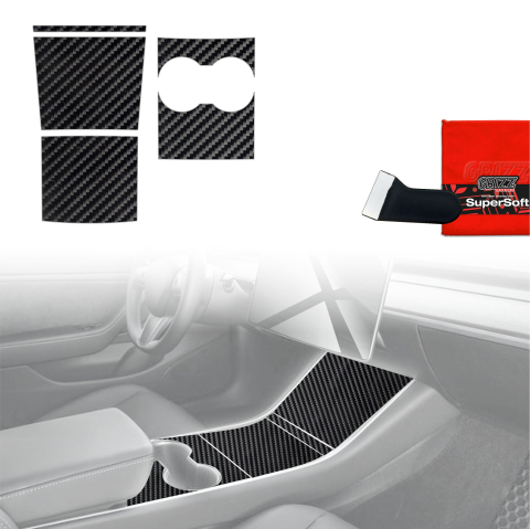 Folie interior - Folie de protecție 4în1 pentru consola centrală - Tesla Model 3 (2017-2020) aspect carbon lucios