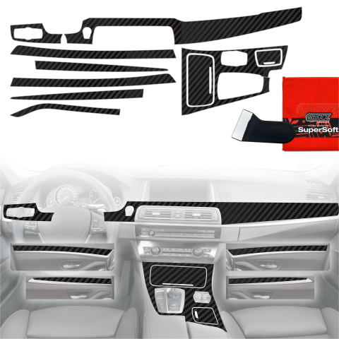 Folie interior - Folie de protecție 8în1 pentru consola centrală și bord - BMW 5 F10 (2012-2017) aspect carbon mat, anti-amprentă