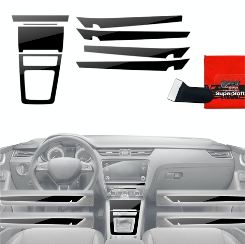 Folie interior - Folie de protecție 8în1 pentru consola centrală și bord - Skoda Octavia 3 (2017-2020) Negru lucios
