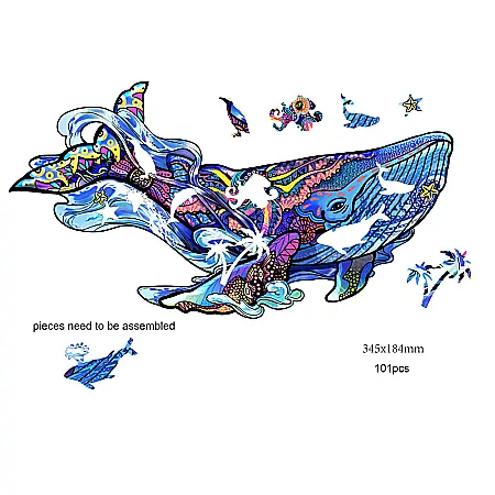 Puzzle din lemn multicolorat - Balena albastra, 125 piese [1]