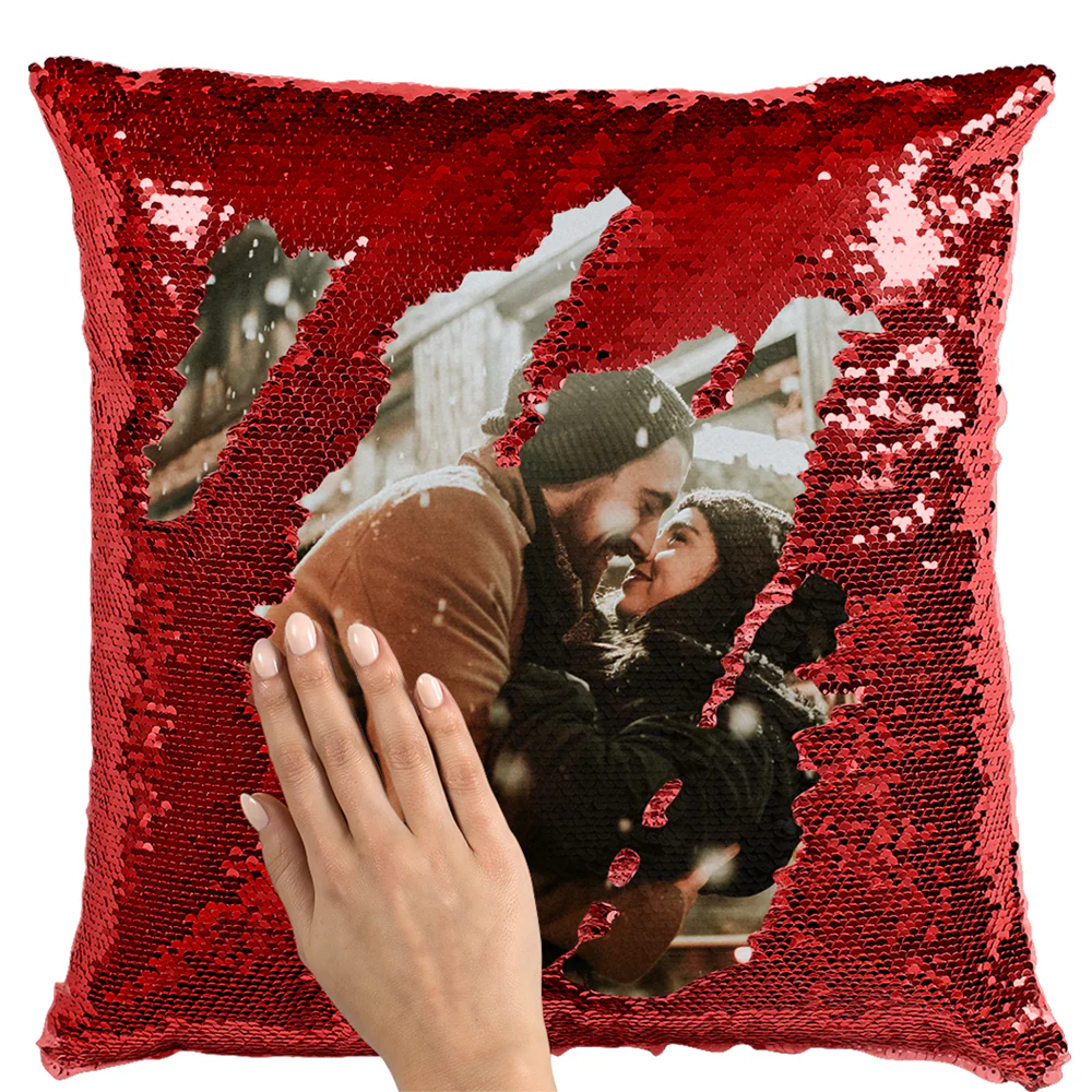 Cadouri personalizate - Husa perna cu paiete printabile rosie cu poza ta 40x40,Umplutura perna 40x40