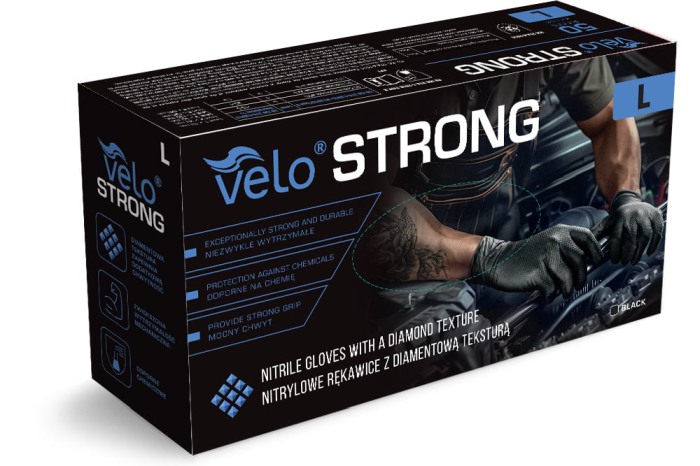 Set 50 bucăți Mănuși Velo Strong, Negre, mărimea L, Nitril, textură diamant, protecție la substanțe chimice [1]