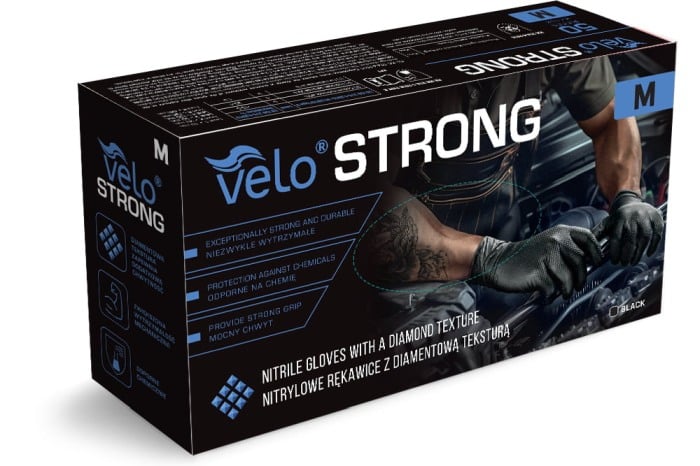 Set 50 bucăți Mănuși Velo Strong, Negre, mărimea M, Nitril, textură diamant, protecție la substanțe chimice [1]