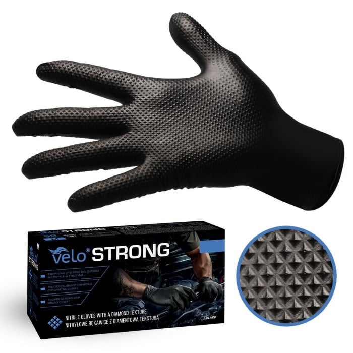 Set 50 bucăți Mănuși Velo Strong, Negre, mărimea M, Nitril, textură diamant, protecție la substanțe chimice [8]