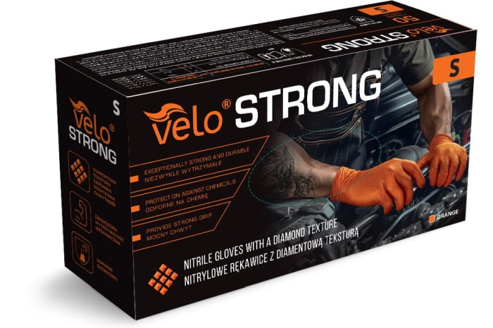 Set 50 bucăți Mănuși Velo Strong, Orange, mărimea S, Nitril, textură diamant, protecție la substanțe chimice [1]