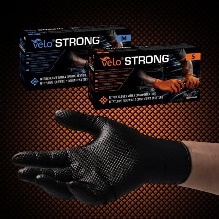 Set 50 bucăți Mănuși Velo Strong, Negre, mărimea M, Nitril, textură diamant, protecție la substanțe chimice [2]