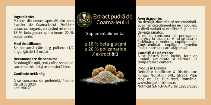 Extract pudră Coama-leului 45g (Lion’s Mane) – Fungal Nutrition [2]