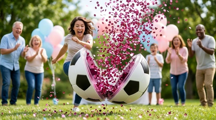 Minge de fotbal din plastic pentru Gender Reveal cu confetti roz [4]