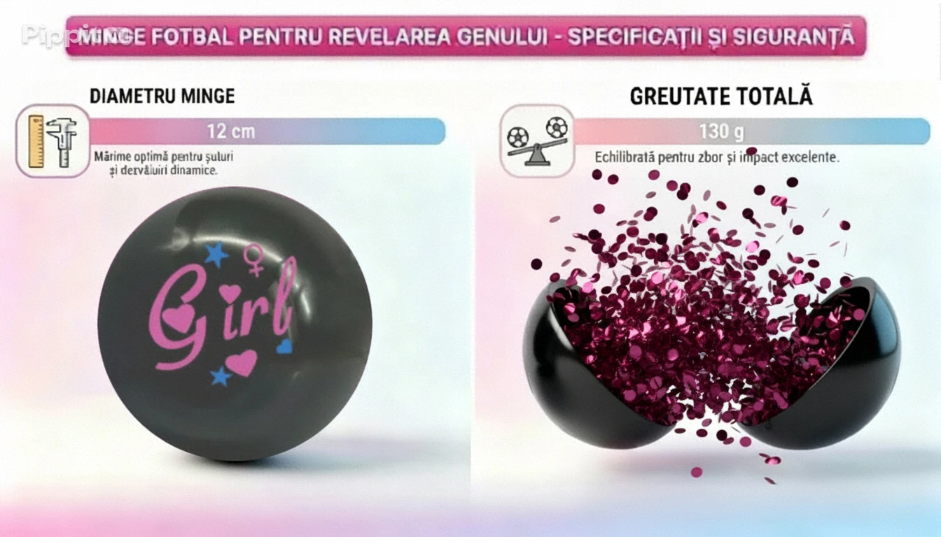Minge Fotbal Neagră Gender Reveal cu Confetti Metalice Roz – Surpriză Fetita [4]