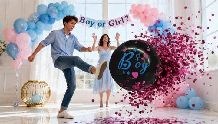Minge Fotbal Neagră Gender Reveal cu Confetti Metalice Roz – Surpriză Fetita [3]