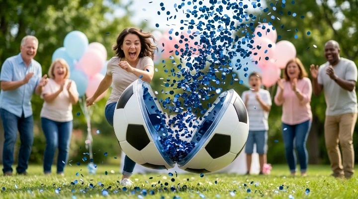 Minge de fotbal din plastic pentru Gender Reveal cu confetti albastre [4]