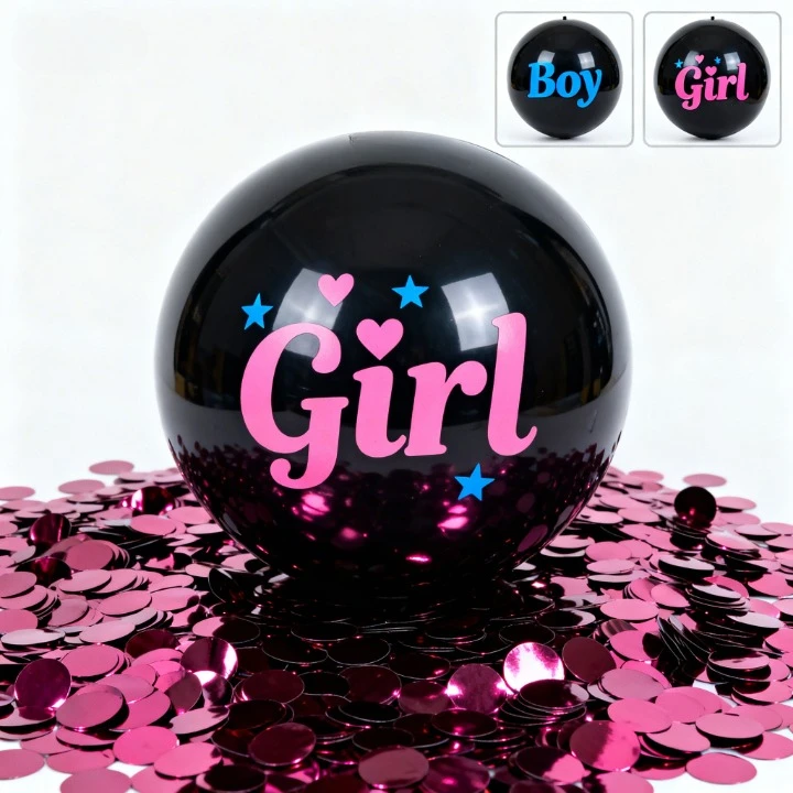 Gender reveal - Minge Fotbal Neagră Gender Reveal cu Confetti Metalice Roz – Surpriză Fetita