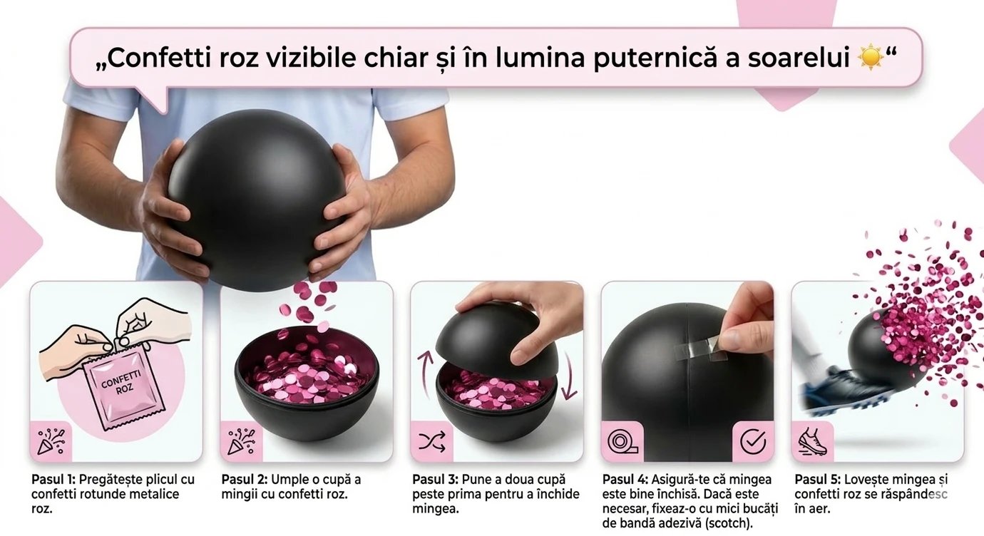 Minge Fotbal Neagră Gender Reveal cu Confetti Metalice Roz – Surpriză Fetita [1]