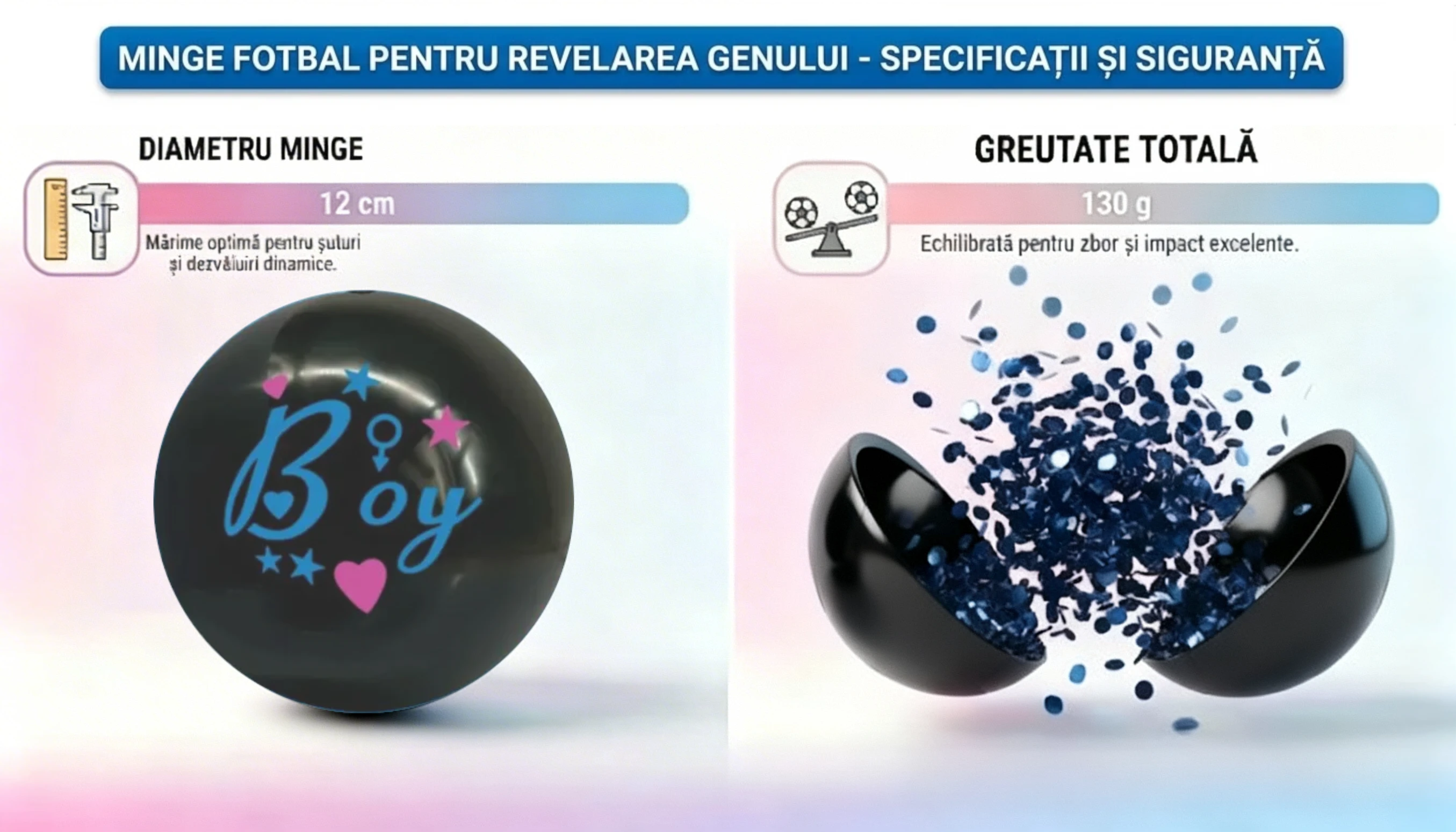 Minge Fotbal Neagră Gender Reveal cu Confetti Metalice Albastre – Surpriză Băiețel [2]