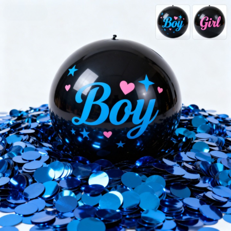 Gender reveal - Minge Fotbal Neagră Gender Reveal cu Confetti Metalice Albastre – Surpriză Băiețel