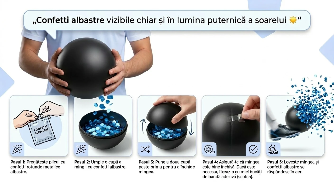 Minge Fotbal Neagră Gender Reveal cu Confetti Metalice Albastre – Surpriză Băiețel [1]