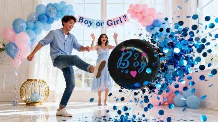 Minge Fotbal Neagră Gender Reveal cu Confetti Metalice Albastre – Surpriză Băiețel [3]