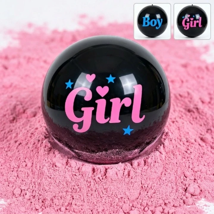 Gender reveal - Minge Fotbal Neagră Gender Reveal cu pudra Roz – Surpriză Fetita