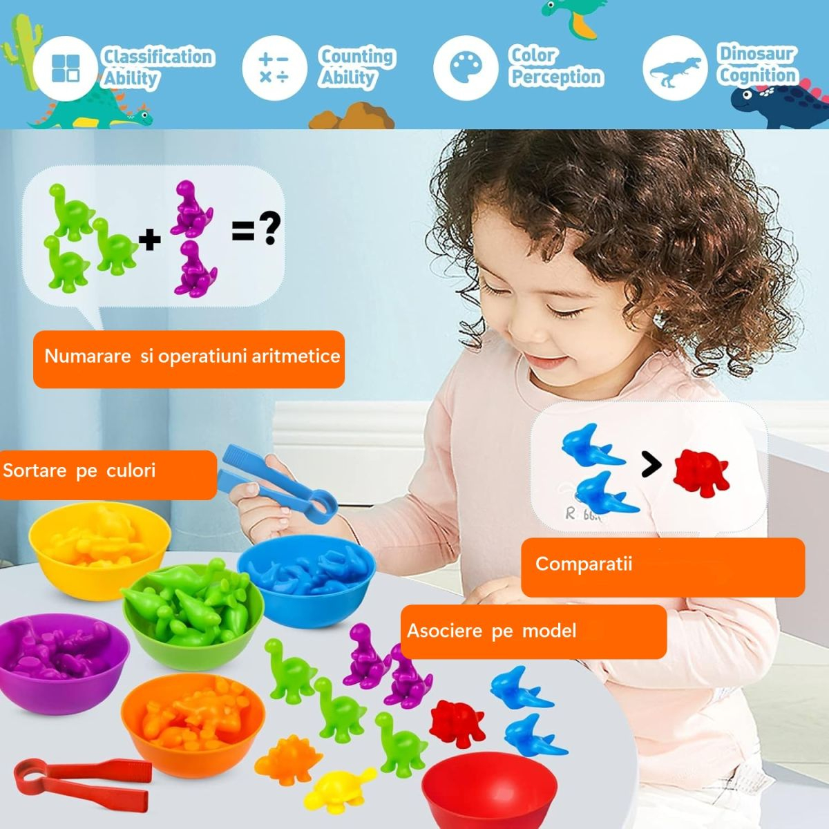 Joc Montessori de Sortare și Numărare – 48 dinozauri, Cupe și Pense [6]