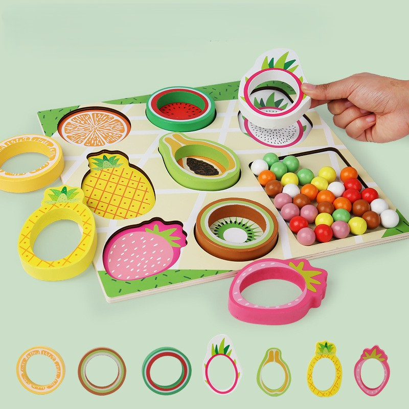 Joc Montessori Educativ din Lemn pentru Copii – Puzzle cu Bile Colorate și Fructe [1]