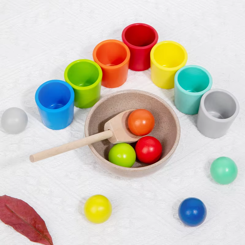 Set Montessori - 12 Bile Colorate din Lemn și Cupe - Clasificare Culori și Numărare [1]