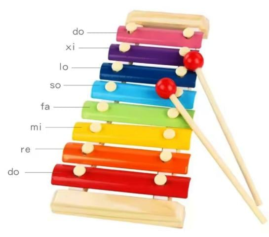Xilofon din lemn pentru copii – 8 note muzicale, lamele colorate, ciocănele incluse [2]