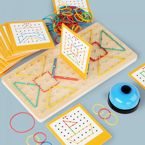 Creativitate - Geoboard din Lemn Educațional cu Benzi Elastice și Carduri – Jucărie Montessori