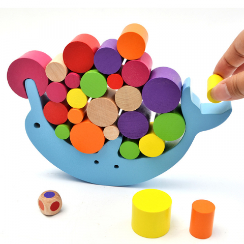 Sortare și stivuire - Joc de Echilibru cu Delfin din Lemn – Jucărie Educativă Montessori