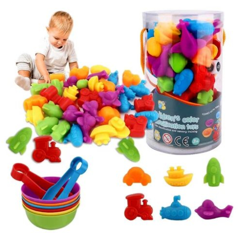 Produse - Joc Montessori de Sortare și Numărare – 48 dinozauri, Cupe și Pense