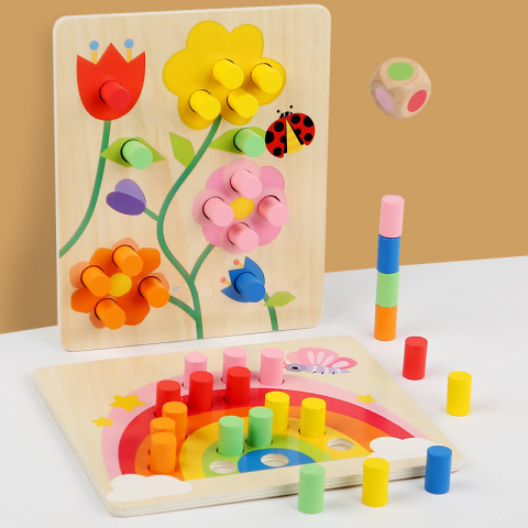 Puzzle - Jucărie educativă din lemn pentru sortare pe culori cu ciocănel pentru copii 1-3 ani